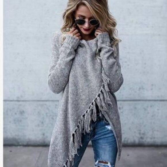 New Tassel Hem Long Sweater Poncho Pullover Wrap - Picture 5 of 8
